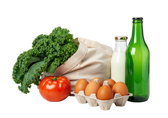Isolated group of groceries including kale, tomato, eggs, milk and green juice bottles