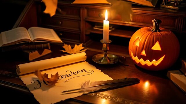 A halloween scroll with flickering candle and glowing pumpkin animated on dark academia desk, autumn leaf falling, footage