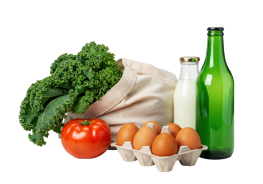 Isolated group of groceries including kale, tomato, eggs, milk and green juice bottles