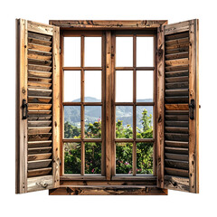 Wooden window frame with open shutters, showcasing a scenic view of nature