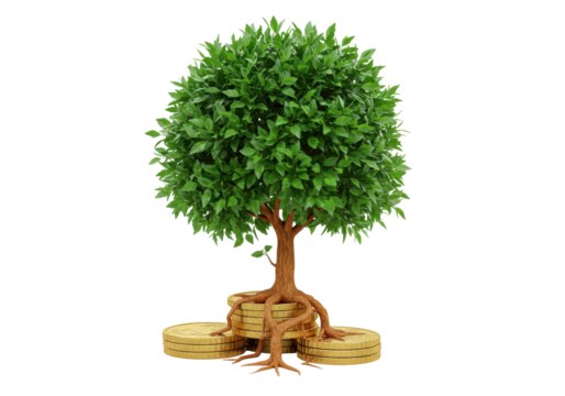 Isolated tree growing on coins symbolizes financial growth and future investment success