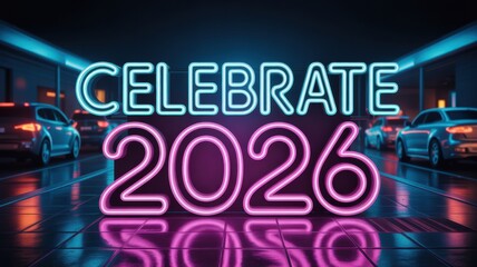 Celebrate year two thousand twenty six neon sign in a futuristic car parking area at night