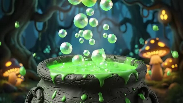 Bubbling cauldron brews a mysterious green potion in a dark forest, surrounded by glowing mushrooms, creating a magical and enchanting atmosphere.