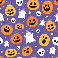 Seamless pattern with hand drawn pumpkin lanterns, ghosts and skulls. Halloween background. Vector illustration