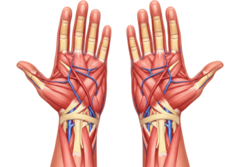 Isolated Pair of Human Hands Anatomy - Illustration of Muscle Structure, Veins, Tendons
