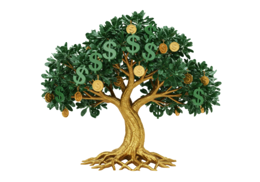 Isolated bonsai style money tree with dollar signs and gold coin ornaments, growth asset