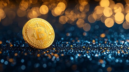 Holographic gold token spinning inside digital data field symbolizing blockchain security.
