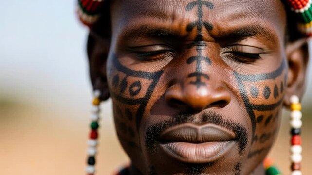 Intriguing Fulani Man Close-Up: West African Culture, Rich Heritage, and Distinctive Facial Tattoos in Stunning 4K Video Footage