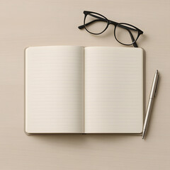 Open lined notebook with glasses and pen on wooden desk