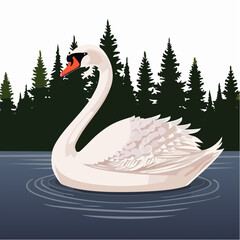 Elegant Swan in Calm Water with Forest Backdrop Illustration