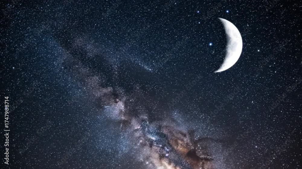 Sticker mesmerizing timelapse of a rotating starry night sky with the moon subtly eclipsing distant star fie