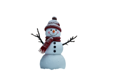 Snowman wearing a hat and scarf with arms raised in winter setting  