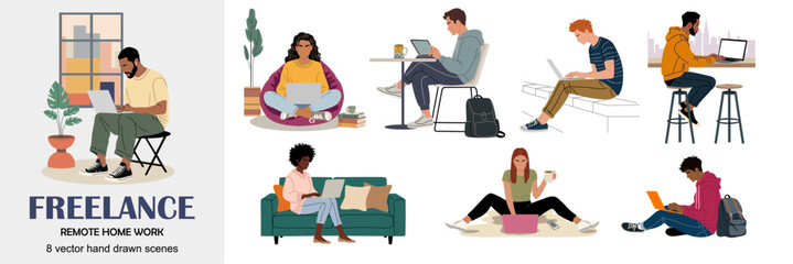 Flat vector illustration set of freelancers working remotely from home, diverse people using laptops and tablets in cozy modern interiors, casual work scenes, digital lifestyle concept
