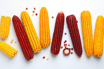 Red and yellow corn cobs with kernels on white background, flat lay