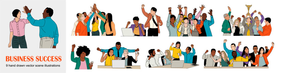 Flat vector illustration set of diverse business teams celebrating success, high-fives, teamwork, victory, motivation, and achievement in modern office scenes, corporate celebration concept