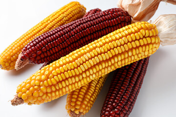 Red and yellow corn cobs on white background, closeup