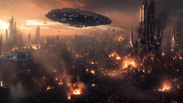 Alien Invasion Over Futuristic Cityscape During Sunset.