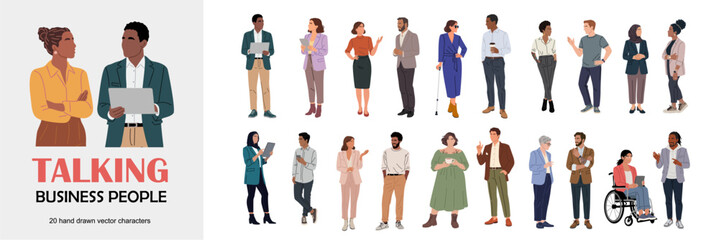Flat vector illustration set of diverse business professionals in modern attire and poses, minimalist corporate people collection, teamwork, communication, diversity, and leadership concept.