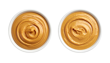 Two peanut butter drizzle variations in small white bowls, isolated on transparent background