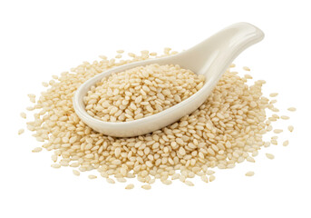 Isolated uncooked sesame seeds with spoon ready for cooking or baking use, macro shot