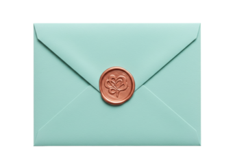 Isolated aquamarine envelope with copper-colored seal, conveying a sense of romance and elegance