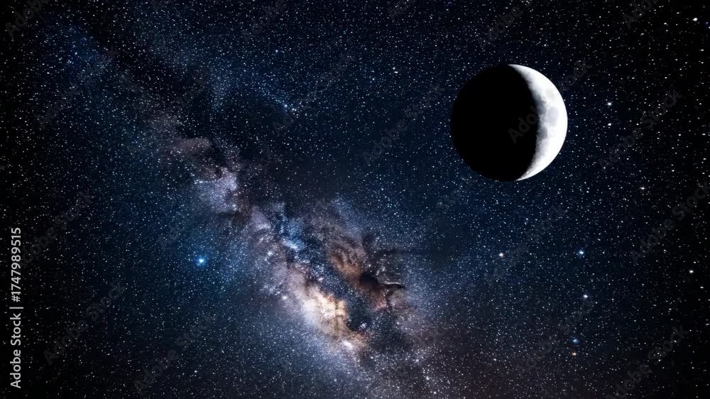 Wall mural mesmerizing timelapse of a rotating starry night sky with the moon subtly eclipsing distant star fie