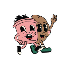 cute croissant and coffee retro cartoon illustration