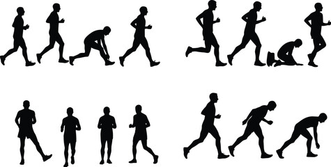 Silhouette illustration of running and falling sequence, human motion study, biomechanics, sports training, athlete movement, exercise progression, injury prevention concept