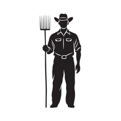 Farmer with pitchfork silhouette, Silhouette farmer with pitchfork wearing hat vector illustration