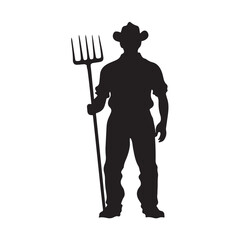 Farmer with pitchfork silhouette, Silhouette farmer with pitchfork wearing hat vector illustration