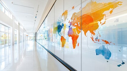 A modern hallway featuring a colorful world map mural on glass walls, reflecting a bright and airy atmosphere.