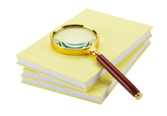 Isolated stack of yellow legal pads with magnifying glass for study or investigation
