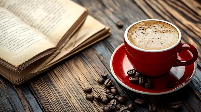 Red Coffee Cup, Beans, Saucer and Open Antique Book on Rustic Wooden Surface