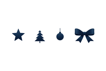 Four simple holiday icons in deep blue: a star, tree, ornament, and bow, evenly spaced in one line, isolated on transparent background.
