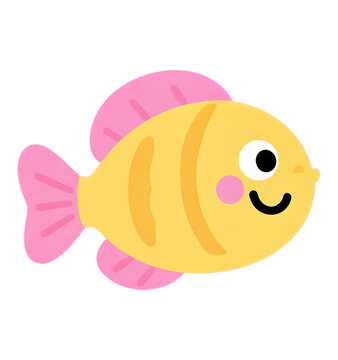 Yellow Fish with Pink Fins, Smiling, on Transparent Background, Watercolor Illustration for Digital Media
