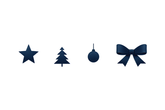 Four simple holiday icons in deep blue: a star, tree, ornament, and bow, evenly spaced in one line, isolated on transparent background.

