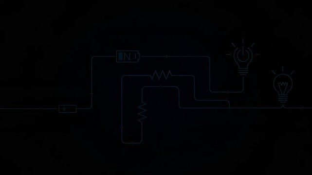 Depiction of energy circuit with glowing bulbs on dark background. This energy circuit design illustrates electrical schematic with resistors, power source, and glowing lightbulbs.