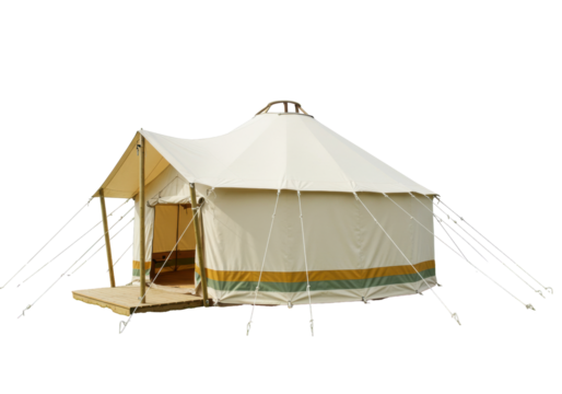 Isolated canvas bell tent ready for camping and glamping in the outdoor vacation spot