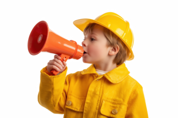 Young Engineer: A young child dressed as an engineer, helmet and megaphone in hand, ready to make announcement