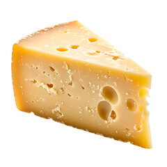 Triangular wedge of cheese, showing holes and a textured rind, isolated on a black background