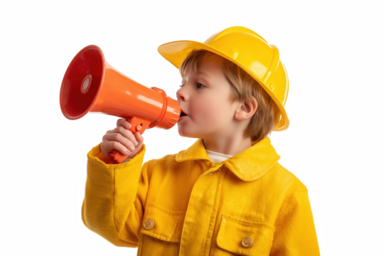 Young Engineer: A young child dressed as an engineer, helmet and megaphone in hand, ready to make announcement