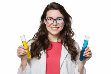 Young Scientist's Experiment: A bright young scientist, beaming with excitement, holds up two vibrant test tubes filled with colorful liquids.