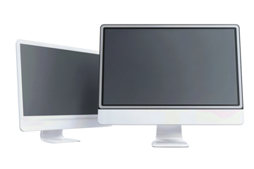 Two sleek computer monitors with thin silver bezels and matte screens, one slightly behind the other, isolated on transparent background.
