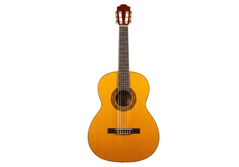 Isolated classical guitar with strings, sound hole, frets, tuning keys, bridge, and saddle