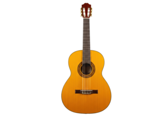 Isolated classical guitar with strings, sound hole, frets, tuning keys, bridge, and saddle