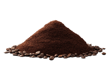 A small mound of finely ground coffee with a few scattered beans in front, rich mahogany color and raked texture lines, isolated on transparent background.
