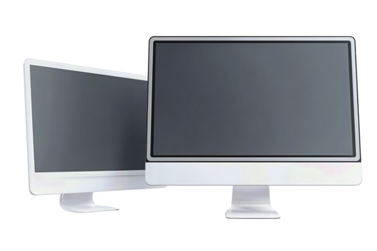 Two sleek computer monitors with thin silver bezels and matte screens, one slightly behind the other, isolated on transparent background.
