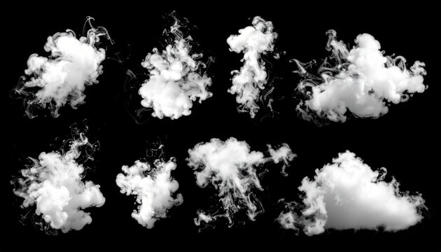 White cloud-like forms on a black background.  Several abstract shapes, like smoke or vapor, various sizes and textures