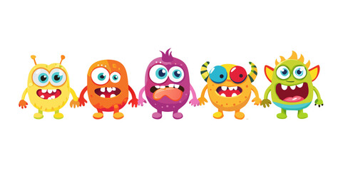 Vector illustration of cute colorful cartoon monsters in a row, each with different shapes, eyes, and expressions. Some monsters have one eye, multiple eyes, sharp teeth, big mouths, or funny ... See 