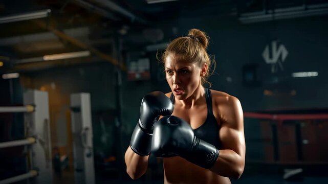 Strong female athlete wearing black boxing gloves training in gym under dramatic lighting showing power, focus, and determination in action